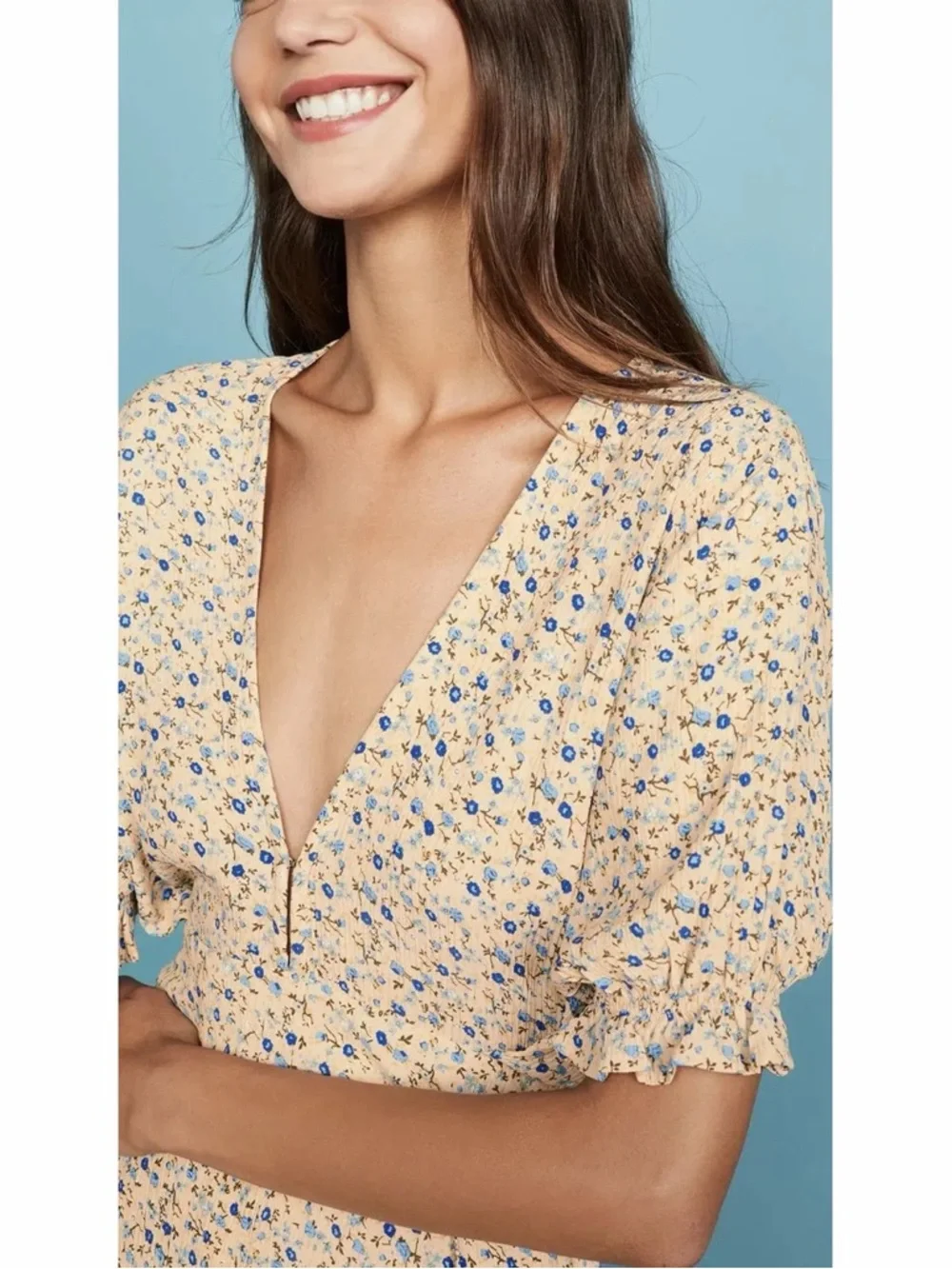 Faithfull the Brand Farrah Midi Dress Cornflower Blue Floral Butter Yellow Large